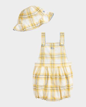 Girl's Plaid Dobby Cotton Shortalls, Size 3M-24M