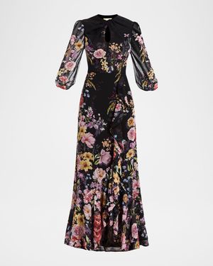Ophelia Draped Floral-Print Chiffon Gown
