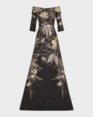 Metallic Jacquard Fold Off-the-Shoulder Gown