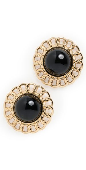 Kenneth Jay Lane Small Polished Gold Braided Edges with Center Button Earrings Black One Size