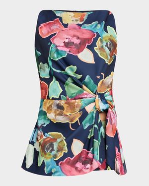 High-Neck Ruched Printed Crepe Top