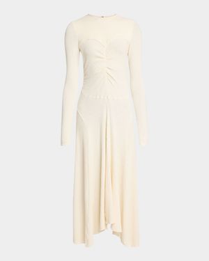 Flora Ruched Boucle Long-Sleeve Midi Dress