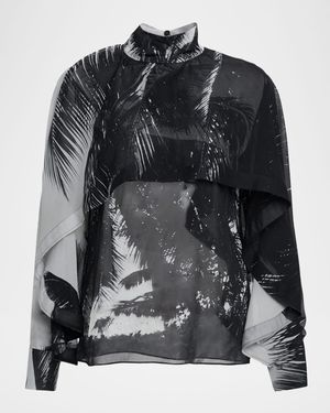 Palm-Print Silk Chiffon Cape Blouse