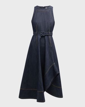 Zelda Belted Asymmetric Sleeveless Denim Midi Dress