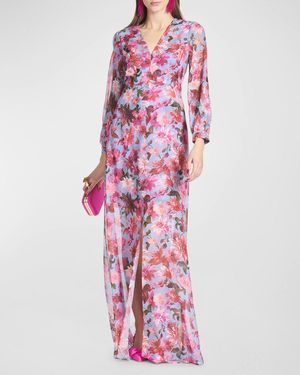 Penny A-Line Floral-Print Chiffon Gown