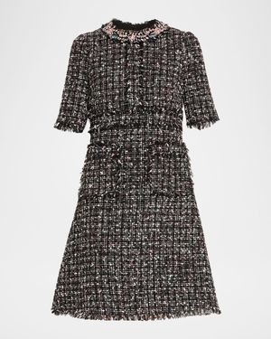 Crystal-Trim Fringed Tweed Dress