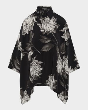 Large Peony Silk Print Short-Sleeve Shirt With Collar (Mid Plus Length)