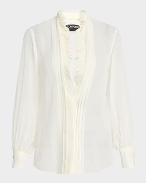 Pleated Puff Sleeve Blouse with Ruffle Trim