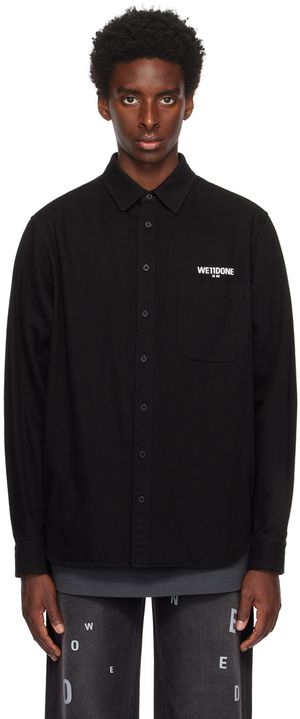 We11done Chemise noire en denim à image et logo imprimés