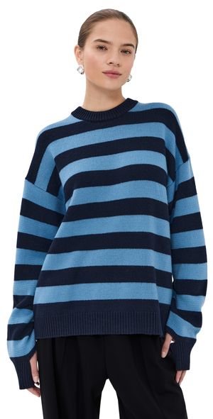 Tibi Stripe Cashmere Crewneck Easy Pullover Navy Multi XXS