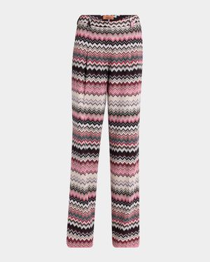 Metallic Chevron Pleated Straight-Leg Trousers