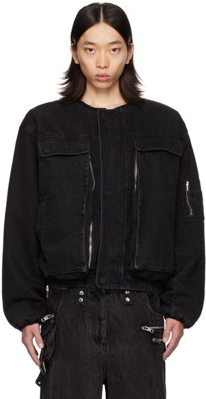 NO/FAITH STUDIOS Blouson aviateur noir en denim à rembourrage amovible aux épaules exclusif à SSENSE