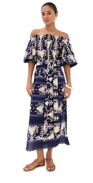 Johanna Ortiz Light Poplin Harbor Hues Ankle Dress Navy/Ecru S