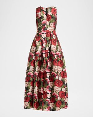 Brooke Pleated Floral-Print Mikado Gown