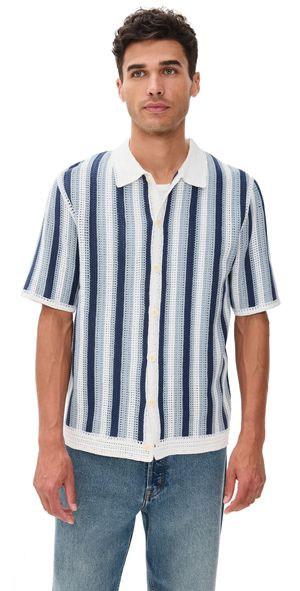 Wax London Stripe Crochet Porto Shirt Blue/Ecru M