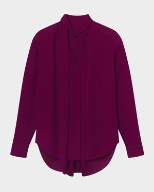 Vivi Long-Sleeve Silk Tie-Neck Top
