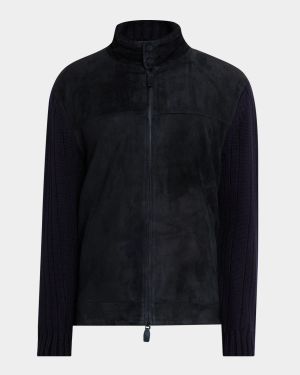 Men's Suede and Wool-Knit Full-Zip Jacket