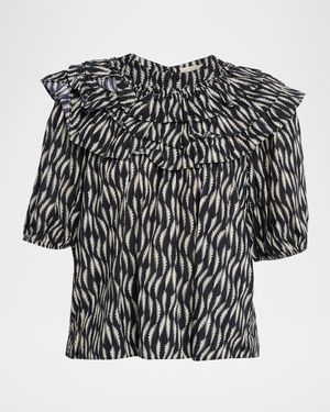 Mira Ruffle Puff-Sleeve Cotton Blouse