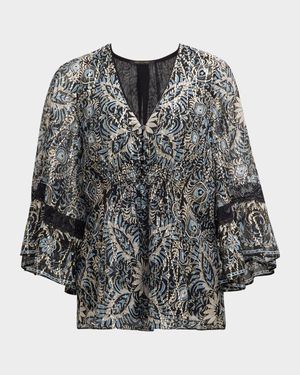 Ele Floral-Print Metallic Fleck Blouse