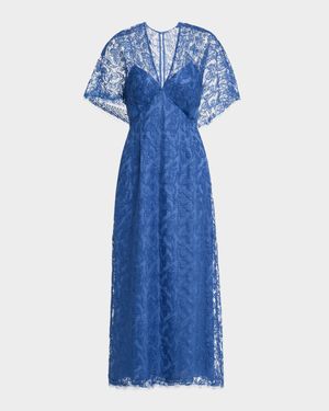 V-Neck Tulip Lace Cape-Sleeve Midi Dress