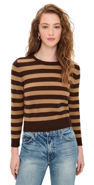 alice + olivia Carolann Cashmere Striped Shrunken Crewneck Pullover Dark Chocolate/Praline S