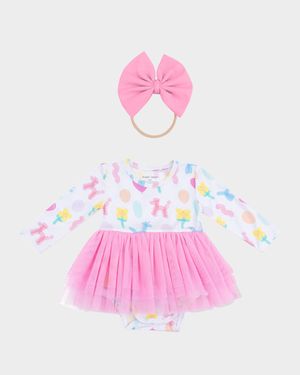 Girl's Balloon Animals Long-Sleeve Tutu Bodysuit and Headband Set, Size 3M-24M