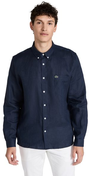 Lacoste Regular Fit Linen Casual Button Down Shirt Navy Blue XL