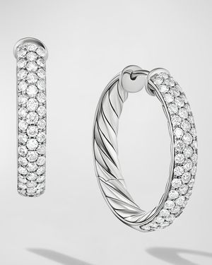 Sculpted Cable Hoop Earrings with Diamonds in Silver, 5mm, 1"L