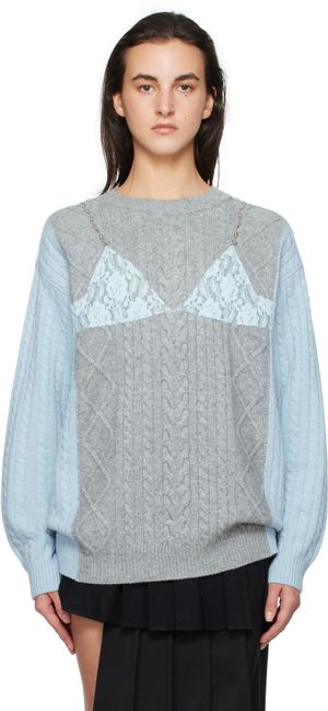 Andersson Bell Gray & Blue Lace Lingerie Boyfriend Knit Sweater