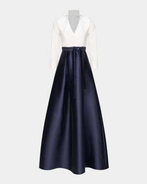 Phoebe 3/4-Sleeve Collared Poplin A-Line Gown