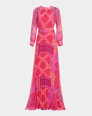 Pleated Patchwork-Print Chiffon Maxi Dress