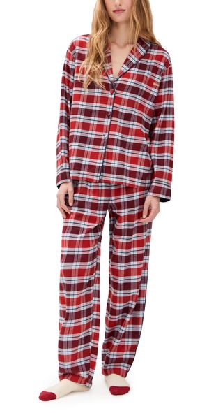 Lunya Brushed Flannel Shawl Collar Long Sleeve Pants Set Rustle Plaid S
