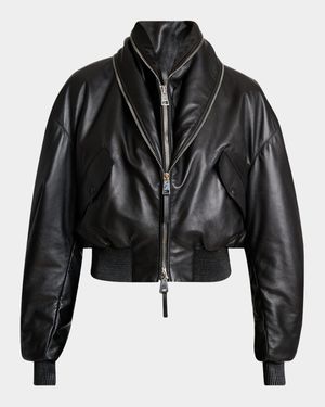 Double Shawl-Collar Leather Crop Bomber Jacket