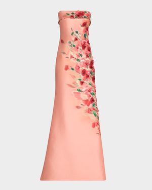 Strapless Embellished Floral-Print Gown
