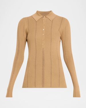 Sophia Rib Knit Long-Sleeve Polo Shirt