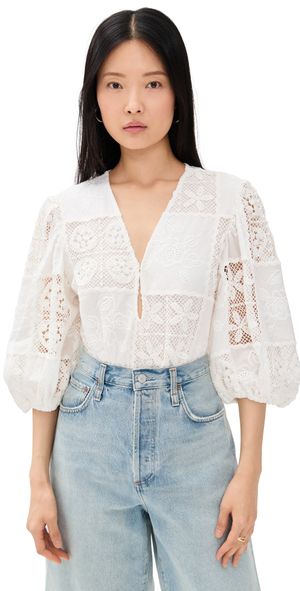 FARM Rio Off-White Rosy Eyelet Puffy Sleeve Thong Bodysuit Off-White XS