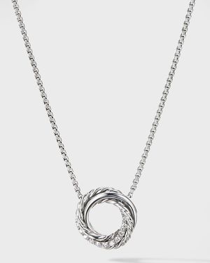 Crossover Mini Pendant Necklace with Diamonds in Silver, 15mm, 16-17"L