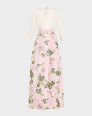 Floral-Print Faille Taffeta Shirt Gown