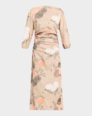 Ezra Floral-Print Ruched 3/4-Sleeve Maxi Dress