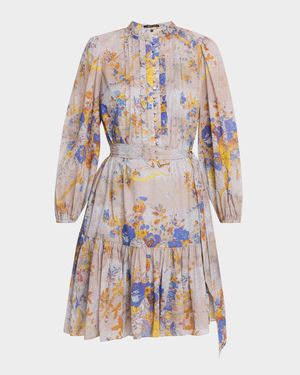Hilary Floral-Print Pintuck Flounce Mini Dress
