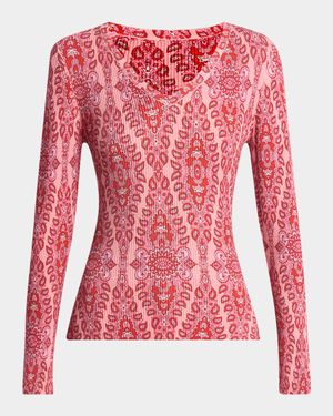 Pink Medallion Ribbed V-Neck Sweater
