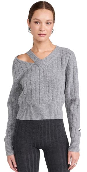 RECTO Bold Rib Slit Detail V Neck Sweater Melange Grey S
