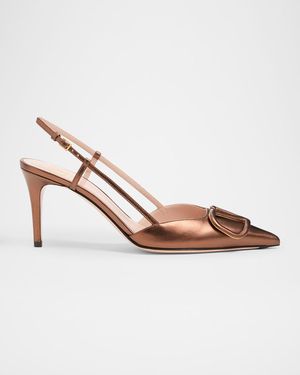 V-Logo Metallic Leather Slingback Pumps