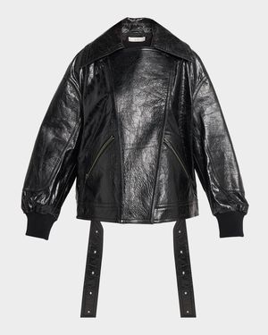 Shiny Crinkle Leather Oversized Bomber Jacket