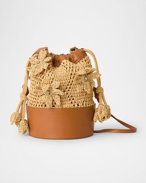 Drawstring Floral Straw Shoulder Bag