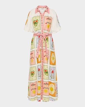Marla Tile-Print Linen Maxi Shirtdress