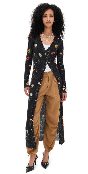 R13 Printed Skinny Long Cardigan Floral On Black M