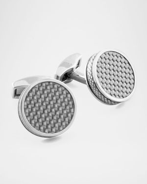 Rhodium-Plated Carbon Fiber Round Cuff Links