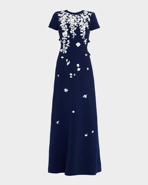 Bow-Embellished Embroidered Applique Gown