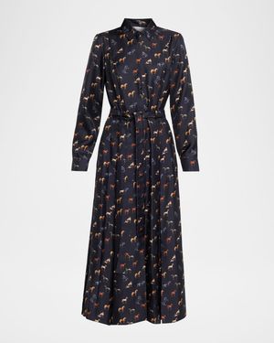 Galway Horse-Print Silk Belted Maxi Shirtdress